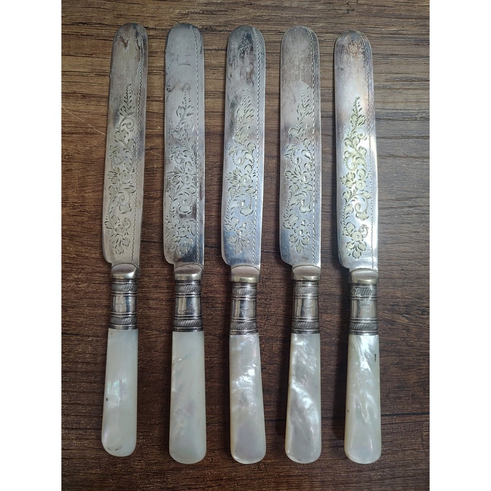 Antique Sheffield EPNS Butter Knives Set of 5 Sterling Ferrules Mother of Pearl